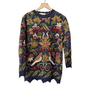 Past Times Sweater Large Navy Blue Wool Blend Bird Floral Scalloped Hem Vintage